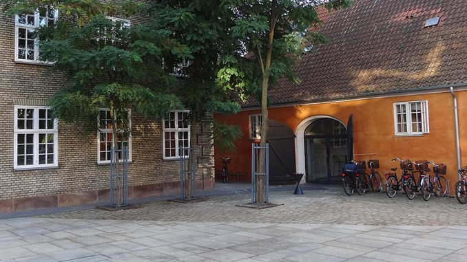 Stort træ i baggården til Frederiksholms Kanal 21-23, København. Man ser dels den gule murstensbygning samt den mindre foranliggende bygning med orange kalket facade.